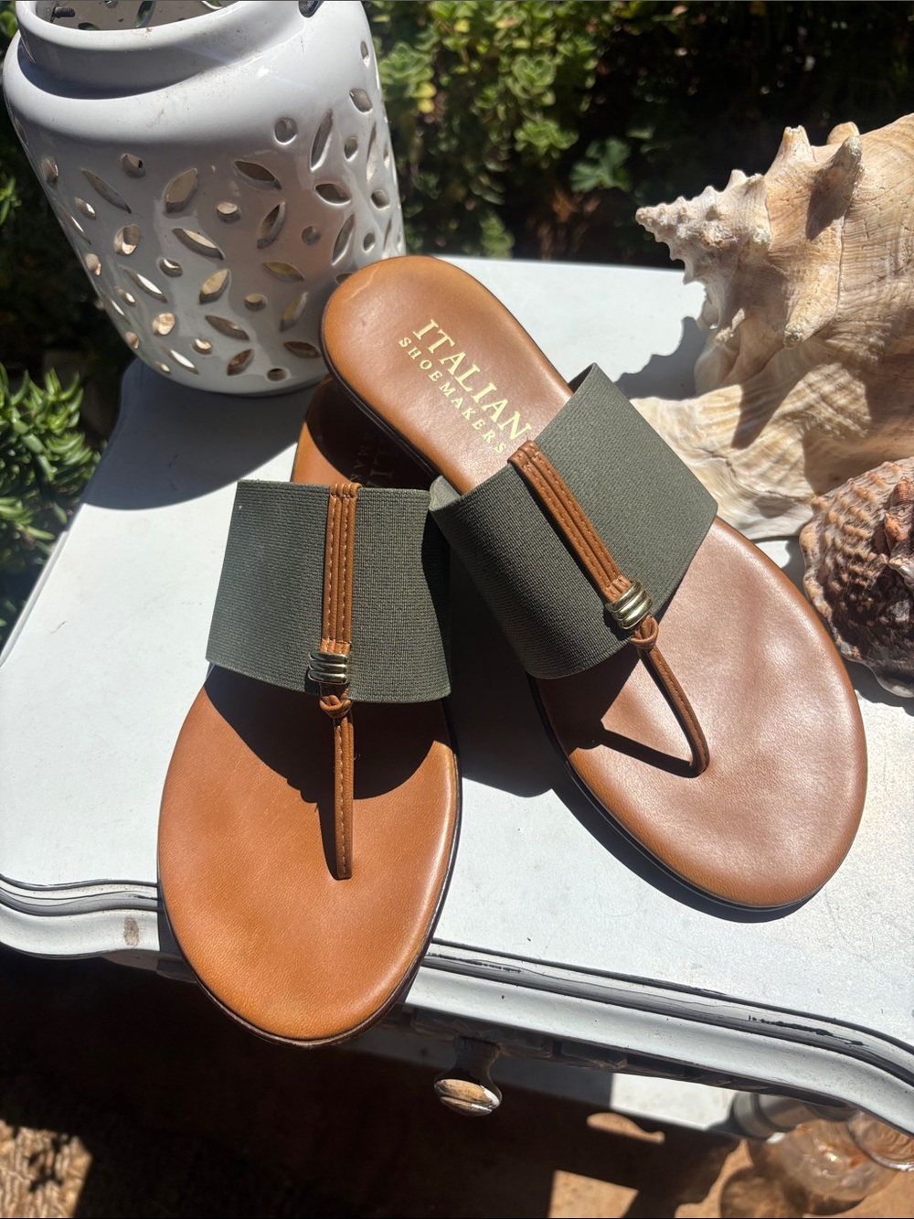 Italian Shoemakers Tan Footbed with Olive Elastic Thong Sandals